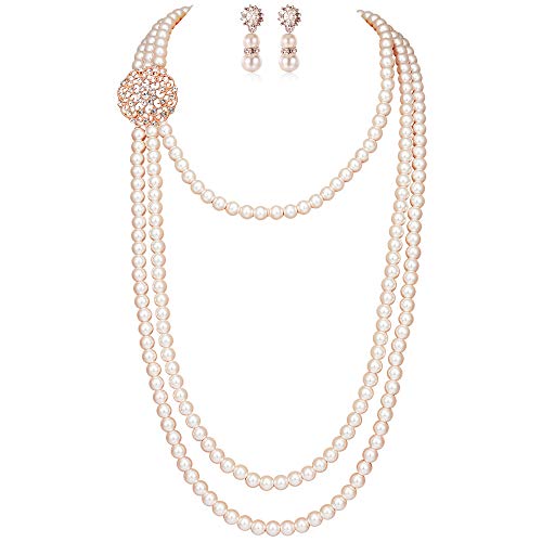 BABEYOND 1920s Gatsby Pearl Necklace Vintage Bridal Pearl Necklace Earrings Jewelry Set Multilayer Imitation Pearl Necklace with Brooch (Style 1-Rose Gold)
