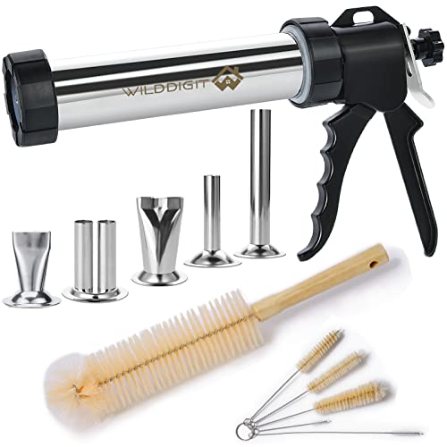 WILDDIGIT Professional Jerky Gun Kits, Stainless Steel Jerky Maker Gun, Jerky Shooter, 1 Pound Easy Clean Beef Jerky Making Gun with 5 Stainless Nozzles and 6 Cleaning Brushes…
