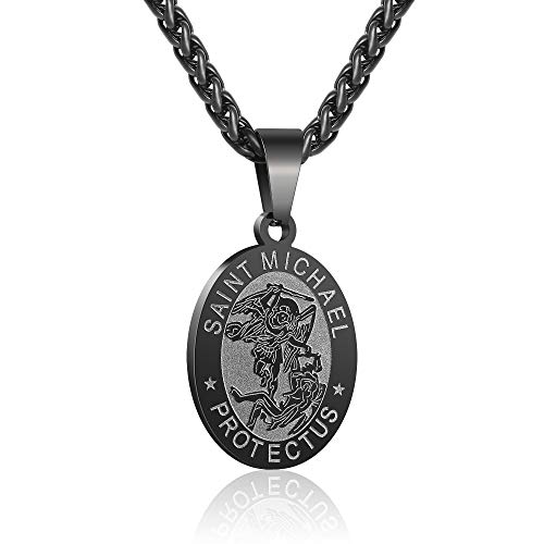 RS Black St. Saint Michael Pendant Necklace for Men Boys Stainless Steel Medal Catholic Patron