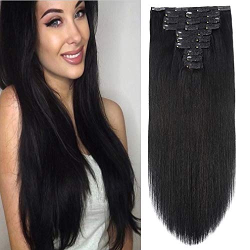 22' Clip in Human Hair Extensions Full Head 200g 10 Pieces 22 Clips 1# Jet Black Double Weft Brazilian Real Remy Hair Extensions Thick Straight Silky (22',200g Jet Black)