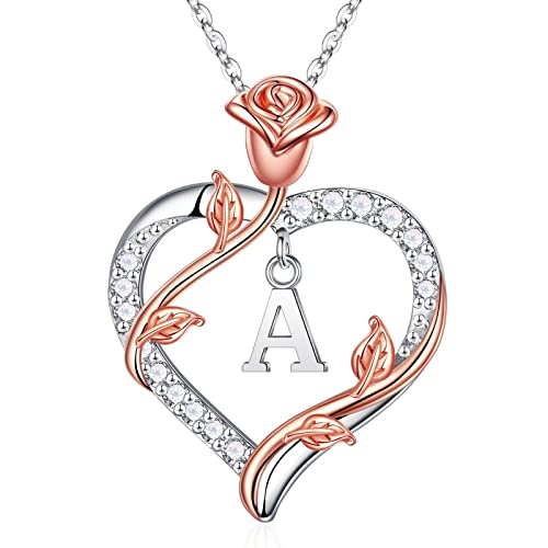 Iefil Anniversary Birthday Gifts for Women, 925 Sterling Silver Rose Heart Initial A Letter Necklace Jewelry for Women Gifts for Her Wife Girlfriend Gifts for Christmas