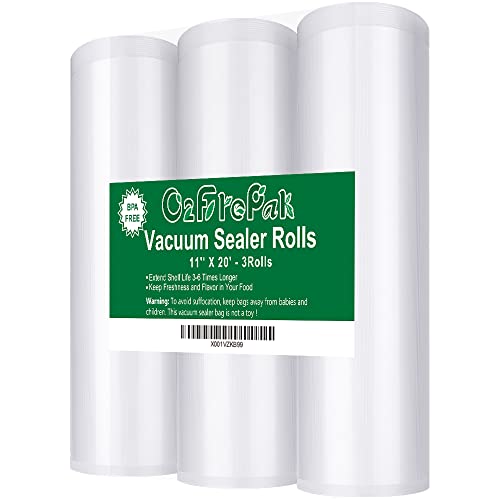 O2frepak 3 Pack 11'x20' Rolls Vacuum Sealer Bags Rolls with BPA Free,Heavy Duty Vacuum Sealer Storage Bags Rolls,Cut to Size Roll,Great for Sous Vide (Total 60 feet)