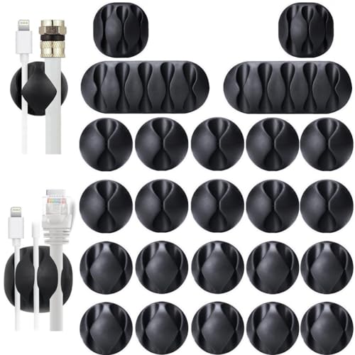 Cable Clips, OHill 24 Pack Black Self Adhesive Cord Holder, Ideal Cable Management Cord Organizer Wire Keeper for Phone Charger, Computer, Desk, Home, Office, Car, Nightstand