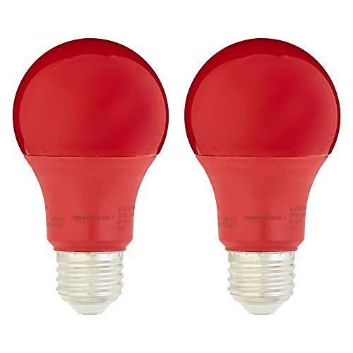 Amazon Basics A19 Red Color Party LED Light Bulb, 60 Watt Equivalent, Energy Efficient 9W, E26 Standard Base, Non-Dimmable, 10,000 Hour Lifetime , 2-Pack
