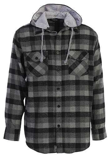 Gioberti Men's Removable Hoodie Plaid Checkered Flannel Shirt, Black/Charcoal/Gray, X-Large