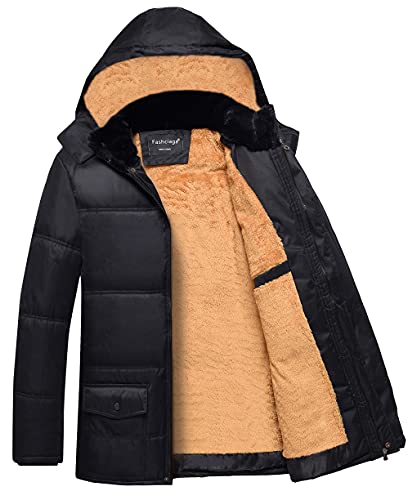 fashciaga Men's Hooded Faux Fur Lined Quilted Winter Coats Jacket (Medium, Black)
