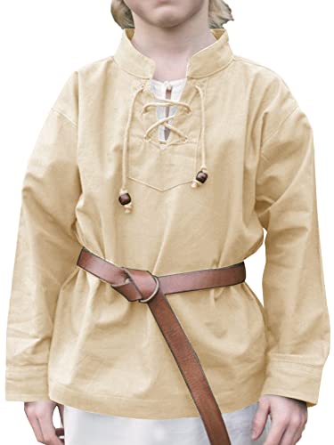 Boys Medieval Lace Up Pirate Mercenary Scottish Costume Renaissance Shirt Kids Viking Halloween Cosplay Tops