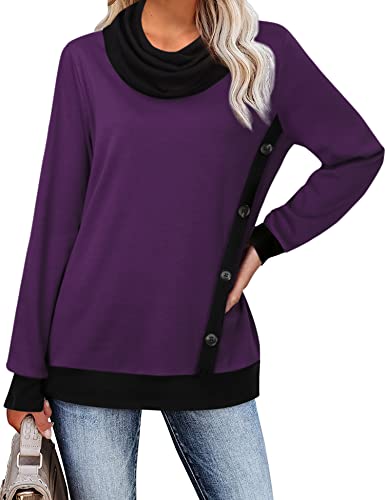 Youtalia Women Pullover Sweatshirts, Juniors Tunic Blouses Long Sleeve Cowl Neck Shirt Casual Sweatshirt for Work Winter Novelty Blouse Top Warm Tunics for Women Deep Purple Large