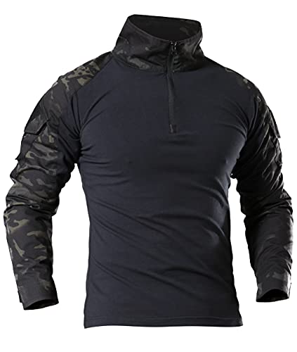 Bethspec Tactical Combat Shirt Long Sleeve Camo Airsoft Army Military T Shirt Black with 1/4 Zipper