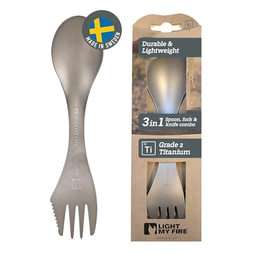Light My Fire Titanium Spork Camping Spoon Fork Knife Combo Reusable Travel & Camping Utensils - Unbreakable Non-Toxic BPA Free Outdoor Backpacking Hiking Picnic Utensil, 1 Metal Spork