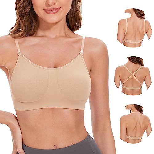 Stelle Womens Clear Strap Bra Wireless Invisible Dance Bra Backless Low Back Bra No Sponge with Convertible Straps (Nude,L)