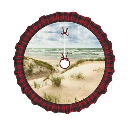 ZERAOKE Small Christmas Tree Skirts 36 Inches, Seaside Grand Tidal Xmas Tree Mat Round Xmas Ornaments New Years Party Decorations, Black Red Buffalo Plaid Christmas Tree Skirt for Indoor Outdoor