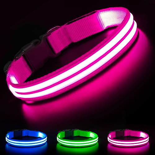 HIGO Rechargeable LED Dog Collar - Super Bright Light Up Dog Collars, Glow in The Dark Pet Collar, Double-Line Optic Fiber Dog Collar Light for Night Dog Walking (Pink, Large)