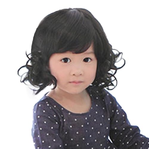 OMORFIEER Black Curly Wigs for Kids Child Bangs Heat Friendly Cosplay Wig
