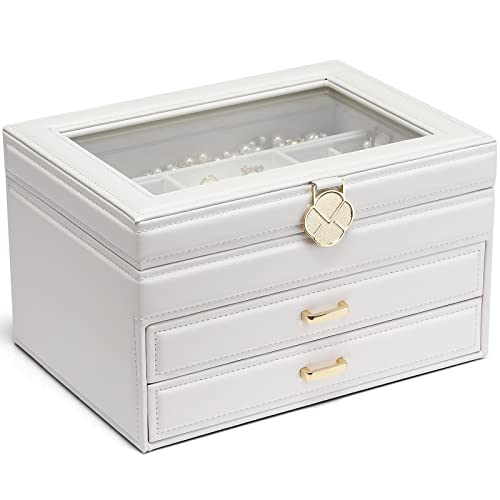 Vlando White Jewelry Box Leather Jewelry Organizer 3 Layer Glass Jewelry Boxes with 2 Drawers Large Jewelry Storage for Jewelry Box for Teen Girls Earrings Necklaces Christmas Gifts for Girls Women
