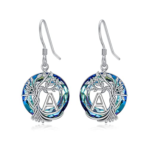 TOUPOP A Earrings for Women Trendy Sterling Silver Tree of Life Initial Letter Dangle Drop Earrings with Blue Circle Crystal for Girls Her Jewelry Birthday Anniversary Christmas Gifts