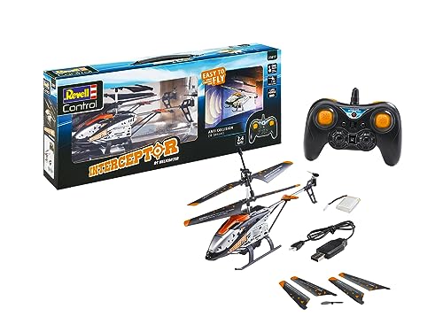 Revell Control 23817 Remote Control Helicopter Interceptor Anti Collision Sensor with Precise 2.4 GHz Control, One Push Take Off/Land, 6-Axis Gyro, 3 Channel, Spare Rotor Blades, 24cm in Length