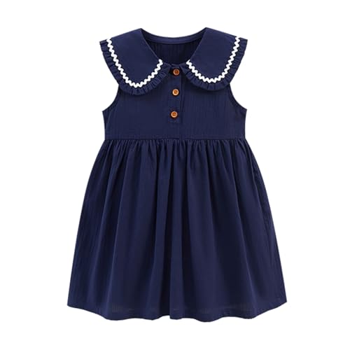 HILEELANG Toddler Girl Sleeveless Dress Summer Navy Blue Peter Pan Collar Button Front School Sundress 4T