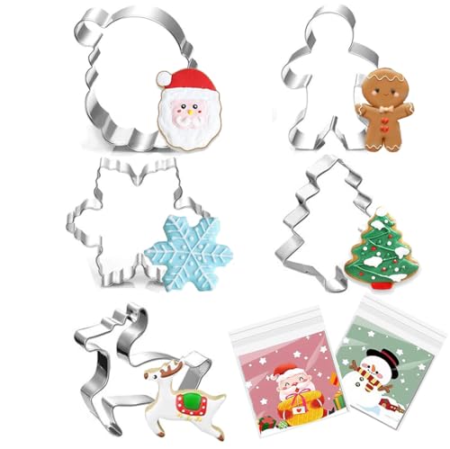 Large Christmas Cookie Cutters - 5 pieces 3.2'' Holiday Cookie Cutters Shape - Christmas Tree, Gingerbread Man, Snowflake, Reindeer, Santa Face Shapes for Christmas Food Party Decorations