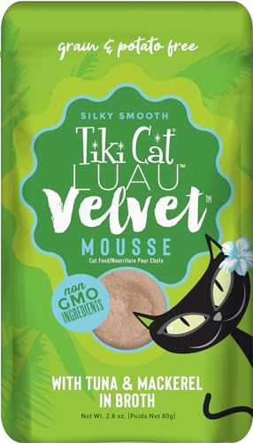 Tiki Cat Luau Velvet Mousse, Tuna & Mackerel in Broth, Complete Nutrition for Balanced Diet, Wet Cat Food For All Life Stages, 2.8 oz. Pouch (Pack of 12)