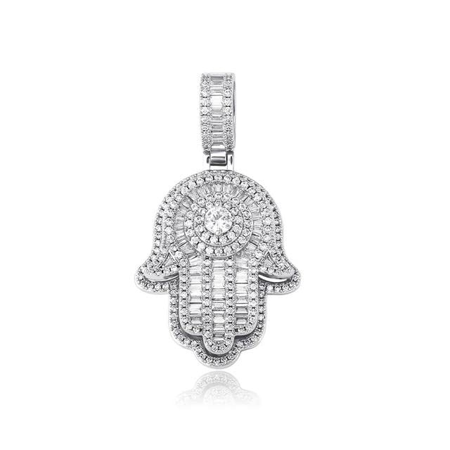 DEVE LUCKY Hand Pendant Necklace With 4MM Tennis Chain Micro Pave Iced Out Cubic Zirconia Jewelry - Cuban Chain - Silver -T28