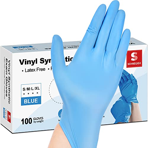 Schneider Blue Vinyl Synthetic Exam Gloves, Medium, Box of 100, 4-mil, Powder-Free, Latex-Free, Non-Sterile, Disposable Gloves