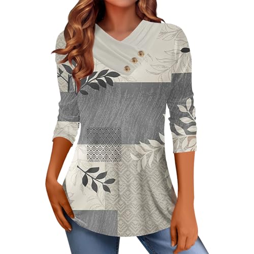 Women's Button Patchwork 2023 Casual Tops Long Sleeve V Neck Women's Long Sleeve T Shirts Sweatshirts for Women Fashion Womens Fall Tops 2023 Closure（3-Gray,X-Large）