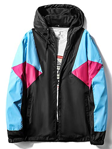 MADHERO Mens Windbreaker Jacket Lightweight 90s Retro Wind Breakers Black Blue Rose Red Size XL