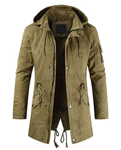 chouyatou Men's Spring Military Full-Zip Removable Hooded Cotton Mid-Long Parka Jacket Coat (Large, Khaki)