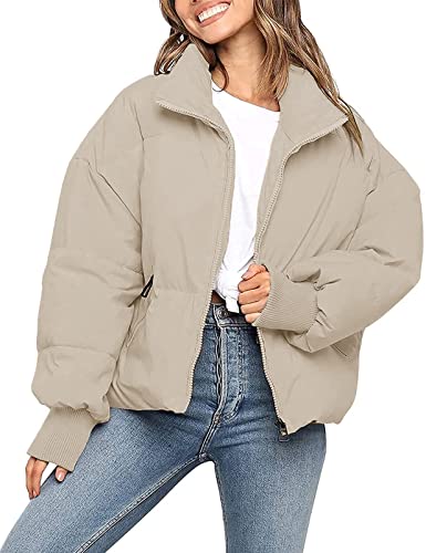 MEROKEETY Women's 2023 Winter Long Sleeve Zip Puffer Jacket Baggy Short Down Coats, Beige, S