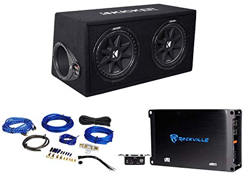 Kicker 43DC122 Comp Dual 12' Subwoofers in Vented Sub Box Enclosure, 2-Ohm Bundle with Rockville dB11 1400W Peak Mono 2-Ohm Car Amp and Bass Remote and RWK81 8 Gauge Amp Installation Kit