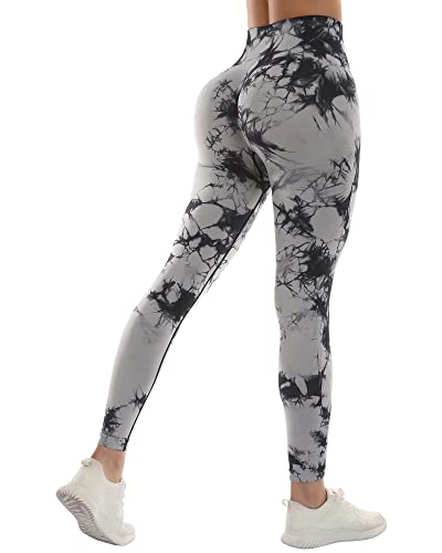 CHRLEISURE Butt Lifting Workout Leggings for Women, Scrunch Butt Gym Seamless Booty Tight (Tie Dye Black, L)