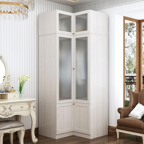 MOUMON Corner Wardrobe Closet with 2 Acrylic Doors, Armoire Wardrobe Closet with Hanging Rod, Top Cube Storage, Closet for Bedroom Wood Grain (16.3+19.1”W x 19.1+16.3”D x 86.6”H)