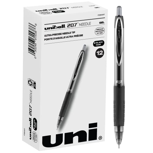 Uniball Signo 207 Needle, Medium Point Gel Pens 12 Pack Black Colored Pens, Pens Fine Point, Smooth Writing, Pens Bulk for Office Supplies, Uniball Sells Gel Pens, Ballpoint Pens, and Ink Pens