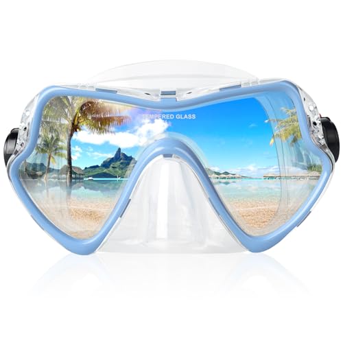 Snorkel Diving Mask, Professional Adults Snorkeling Mask Gear, Ultra Clear Tempered Glass Swim Mask Anti Leakage Swimming Goggles with Nose Cover for Men Women Youth (Aqua Blue)