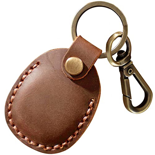 Leather Airtag Holder Keychain, Portable Handmade Genuine Leather Air Tag Holder with Keyring Full Coverage Air Tgas Protective Case Cover Compatible for AirTags 2021 Brown