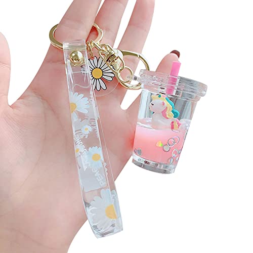 HSYHERE Girls Women Creative Beautiful Romantic Floating Unicorn Milk Tea Cup Keychain Keyrings, Moving Sand Help Relax Car Key Chain Key Ring Bag Pendant Key Holder Daisy Flower Strap Bell -Pink