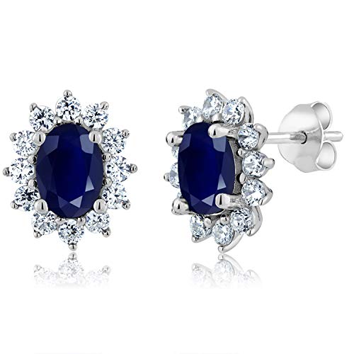 Gem Stone King 925 Sterling Silver Blue Sapphire Jewelry Halo Princess Diana Kate Middleton Post Earrings For Women (2.76 Cttw, Oval 7X5MM)