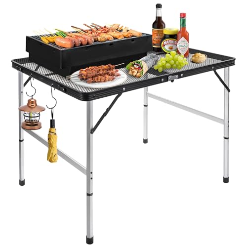 jkwokback 3ft x 2ft Grill Table Portable Camping Table,Waterproof Black Folding Table with Adjustable Height Camping Table,Folding Camp Table for BBQ,Camping,Outdoor Sports,Beaches and Picnics
