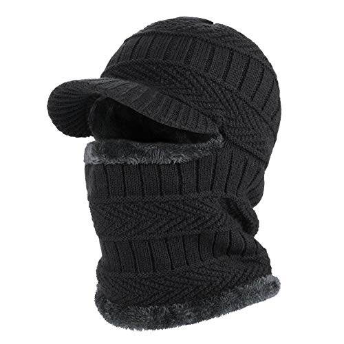 TAGVO Winter Unisex Knitted Balaclava Face Mask Cover Thick Warm Fleece Lining Beanies Hat Elastic Neck Warmer, Windproof Thermal Skiing Mask for Adults Outdoor Sports A-Black