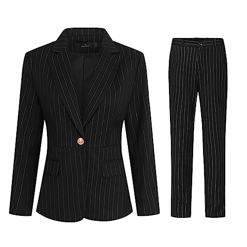 YYNUDA Women's Casual Striped 2 Piece Office Work Business Suit Set Blazer and Pant Black