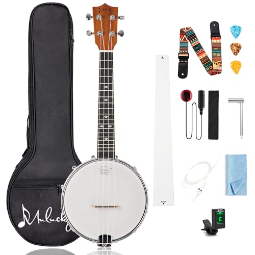 Mulucky Banjolele 4 String Banjo Ukulele Concert Size 23 Inch, Closed Solid Wood Back, Beginner Kit with Truss Rod Gig Bag Tuner String Strap Picks - BU8017