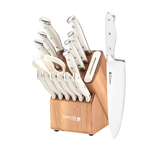 Sabatier 15-Piece Forged Triple Rivet Knife Block Set with Built-in Sharpener, High-Carbon Stainless Steel Kitchen Knives, Razor-Sharp Knife set with Acacia Block and Edgekeeper Technology, White