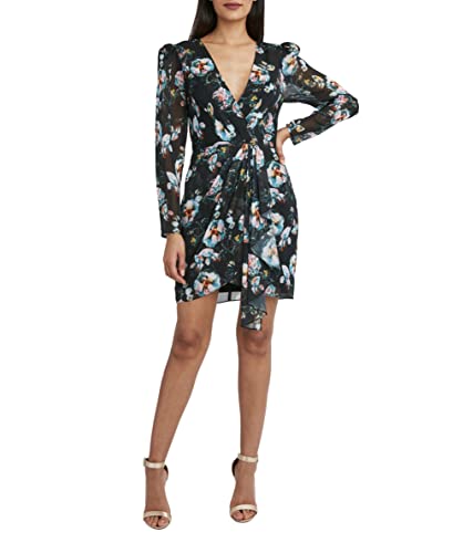 BCBGMAXAZRIA Women's Long Sleeve Short Evening Dress with Plunging V Neck, Black Combo, 6