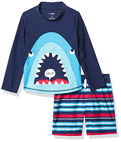 Simple Joys by Carter's Toddler Boys' Swimsuit Trunk and Rashguard Set, Navy Shark/Red Stripe, 3T