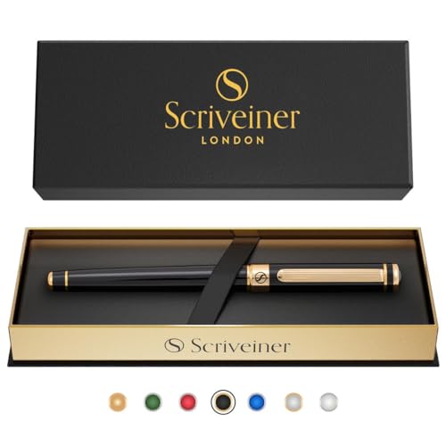Scriveiner Black Lacquer Rollerball Pen - Stunning Luxury Pen with 24K Gold Finish, Schmidt Ink Refill, Best Roller Ball Gift Set for Men & Women, Professional, Executive Office, Nice Pens