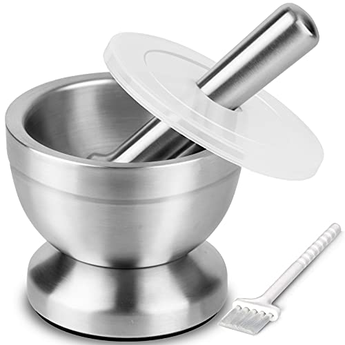 Tera 18/8 Stainless Steel Mortar and Pestle with Brush Spice Grinder Pill Crusher Herb Bowl Pesto Powder 350ml