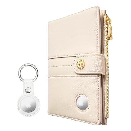 elzama Airtag Passport Holder Women, RFID Blocking Passport Wallet with Air Tag Holder, Zipper Pocket Card Slots Pen Holder & Air Tags Keychain (Apple Airtag Not Included) Ivory