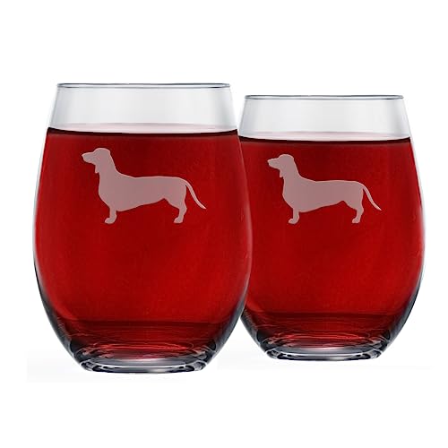 Greenline Goods Dachshund Stemless Wine Glasses (Set of 2) - Unique Gift for Weiner Dog Lovers - Etched 2-Sided Silhouette with Breed Name on the Bottom