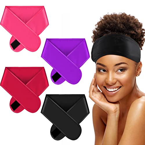 Eurzom 4 Pieces Satin Hair Wrap Scarf Satin Headband for Black Women's Hair Adjustable Silk Hair Wraps for Sleeping Nonslip Strips (Black, Hot Pink, Red, Purple,Cute)
